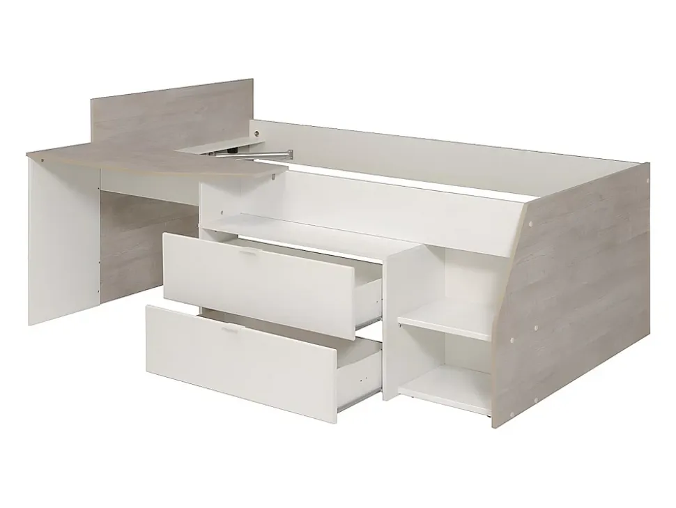 Lit avec bureau et rangements - 90 x 190/200 cm - Blanc et naturel - GISELE