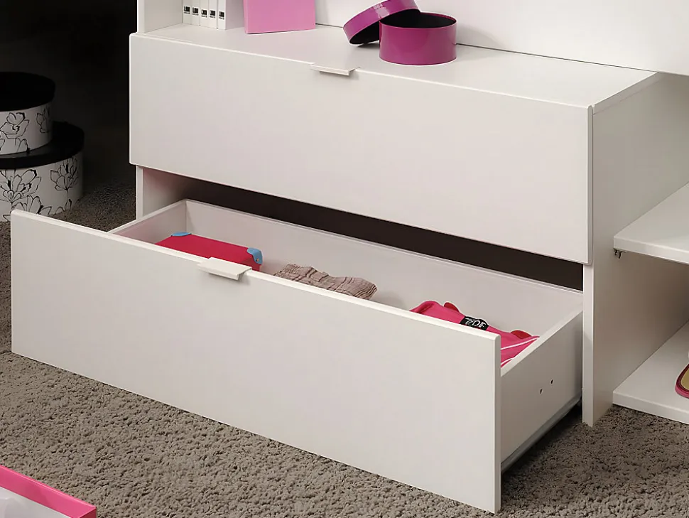 Lit avec bureau et rangements - 90 x 190/200 cm - Blanc et naturel - GISELE