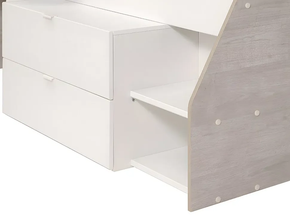 Lit avec bureau et rangements - 90 x 190/200 cm - Blanc et naturel - GISELE