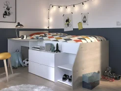 Lit avec bureau et rangements - 90 x 190/200 cm - Blanc et naturel - GISELE