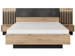 Lit avec chevets 160 x 200 cm - Avec LEDs - Coloris : Naturel et noir + Sommier + Matelas - ARIADA