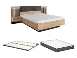 Lit avec chevets 160 x 200 cm - Avec LEDs - Coloris : Naturel et noir + Sommier + Matelas - ARIADA