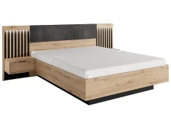 Lit avec chevets 160 x 200 cm - Avec LEDs - Coloris : Naturel et noir + Sommier + Matelas - ARIADA