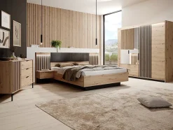 Lit avec chevets 160 x 200 cm - Avec LEDs - Coloris : Naturel et noir + Sommier + Matelas - ARIADA