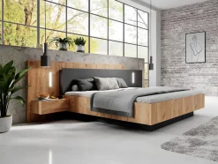 Lit avec chevets 140 x 190 cm - 2 tiroirs - Avec LEDs - Coloris : Naturel et anthracite - FRANCOLI