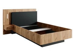 Lit avec chevets 120 x 200 cm - 2 tiroirs - Avec LEDs - Coloris : Naturel et anthracite + Sommier - FRANCOLI