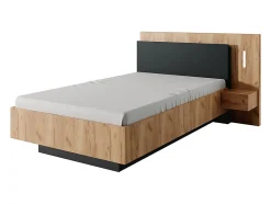 Lit avec chevets 120 x 200 cm - 2 tiroirs - Avec LEDs - Coloris : Naturel et anthracite + Sommier - FRANCOLI