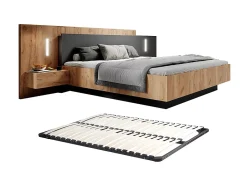 Lit avec chevets 160 x 200 cm - 2 tiroirs - Avec LEDs - Coloris : Naturel et anthracite + Sommier - FRANCOLI