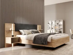 Lit avec chevets 160 x 200 cm - Avec LEDs - Coloris : Naturel et anthracite - ELYNIA