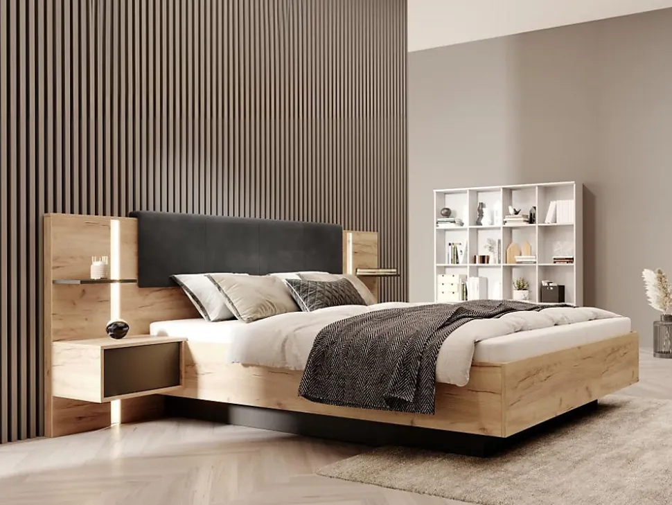 Lit avec chevets 160 x 200 cm - Avec LEDs - Coloris : Naturel et anthracite - ELYNIA