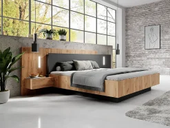 Lit avec chevets 160 x 200 cm - 2 tiroirs - Avec LEDs - Coloris : Naturel et anthracite + Sommier + Matelas - FRANCOLI