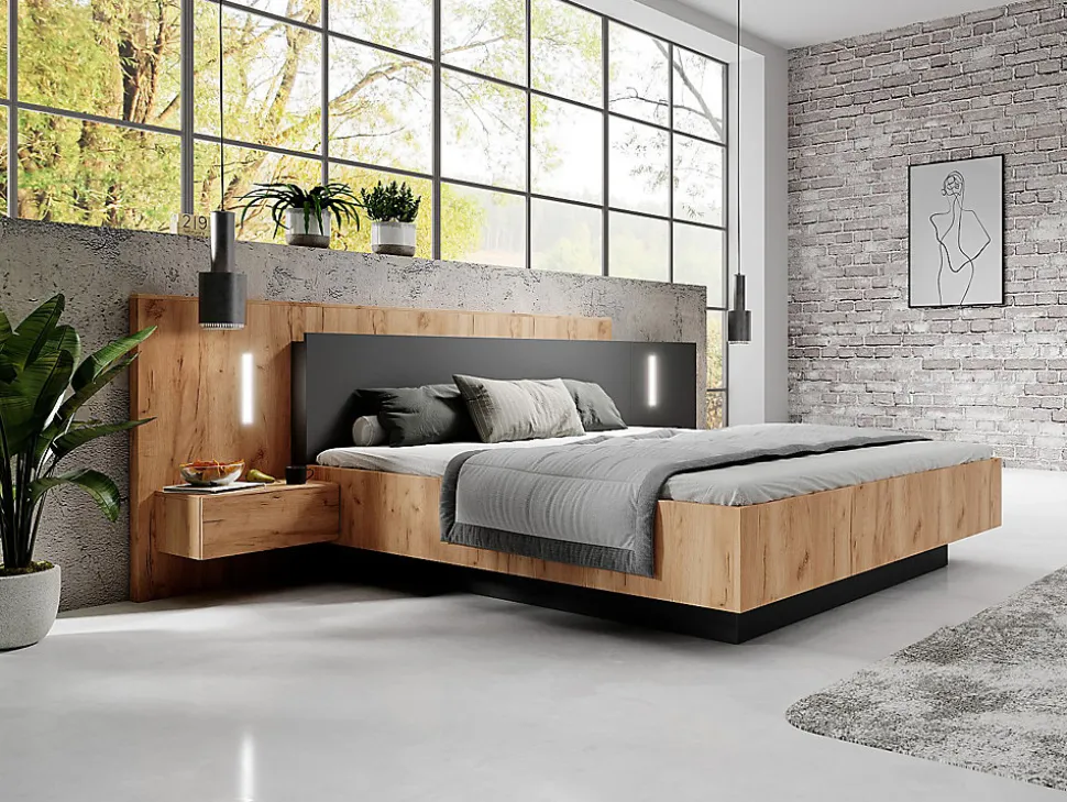 Lit avec chevets 160 x 200 cm - 2 tiroirs - Avec LEDs - Coloris : Naturel et anthracite + Sommier + Matelas - FRANCOLI