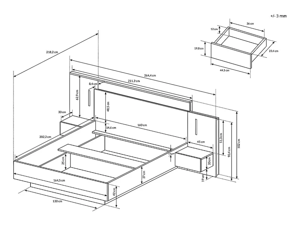 Lit avec chevets 160 x 200 cm - 2 tiroirs - Avec LEDs - Coloris : Naturel et anthracite + Sommier + Matelas - FRANCOLI