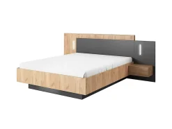 Lit avec chevets 160 x 200 cm - 2 tiroirs - Avec LEDs - Coloris : Naturel et anthracite + Sommier + Matelas - FRANCOLI