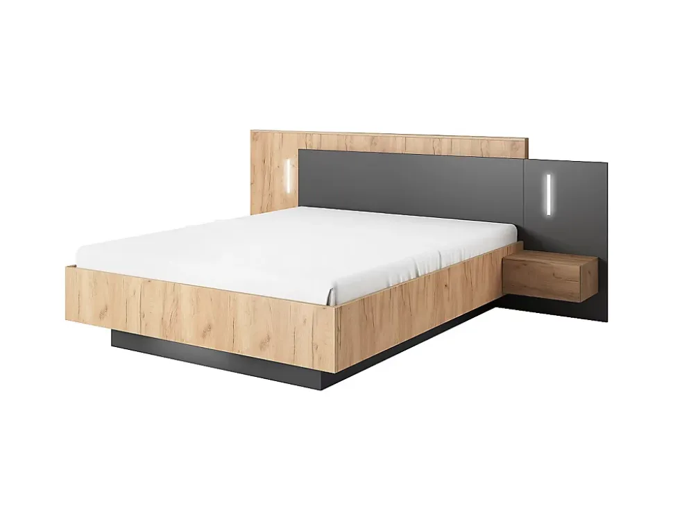 Lit avec chevets 160 x 200 cm - 2 tiroirs - Avec LEDs - Coloris : Naturel et anthracite + Sommier + Matelas - FRANCOLI