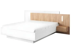 Lit avec chevets 160 x 200 cm - 2 tiroirs - Avec LEDs - Coloris : Blanc et naturel + Sommier - FRANCOLI