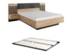 Lit avec chevets 160 x 200 cm - Avec LEDs - Coloris : Naturel et noir + Sommier - ARIADA