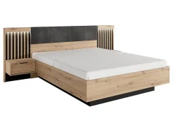 Lit avec chevets 160 x 200 cm - Avec LEDs - Coloris : Naturel et noir + Sommier - ARIADA