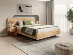 Lit avec chevets 160 x 200 cm - Avec LEDs - Coloris : Naturel et anthracite - DESADO