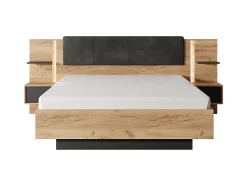 Lit avec chevets 160 x 200 cm - Avec LEDs - Coloris : Naturel et anthracite + Sommier + Matelas - ELYNIA