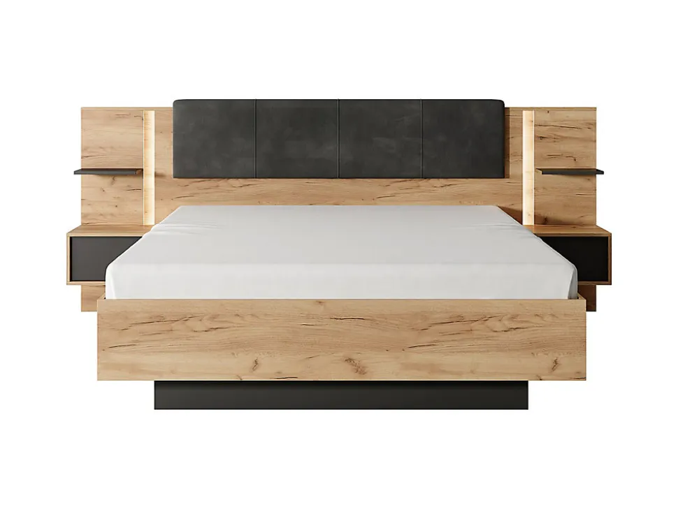 Lit avec chevets 160 x 200 cm - Avec LEDs - Coloris : Naturel et anthracite + Sommier + Matelas - ELYNIA