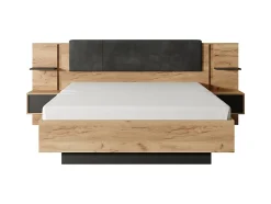 Lit avec chevets 160 x 200 cm - Avec LEDs - Coloris : Naturel et anthracite + Sommier + Matelas - ELYNIA