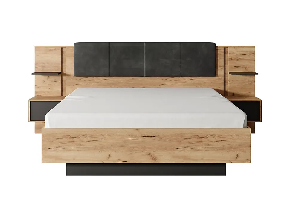 Lit avec chevets 160 x 200 cm - Avec LEDs - Coloris : Naturel et anthracite + Sommier + Matelas - ELYNIA