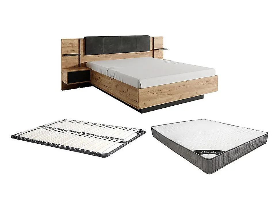 Lit avec chevets 160 x 200 cm - Avec LEDs - Coloris : Naturel et anthracite + Sommier + Matelas - ELYNIA