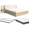 Lit avec chevets 160 x 200 cm - Avec LEDs - Coloris : Beige et naturel + Sommier + Matelas - LYORIMA
