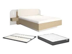 Lit avec chevets 160 x 200 cm - Avec LEDs - Coloris : Beige et naturel + Sommier + Matelas - LYORIMA
