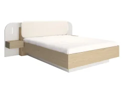 Lit avec chevets 160 x 200 cm - Avec LEDs - Coloris : Beige et naturel + Sommier + Matelas - LYORIMA