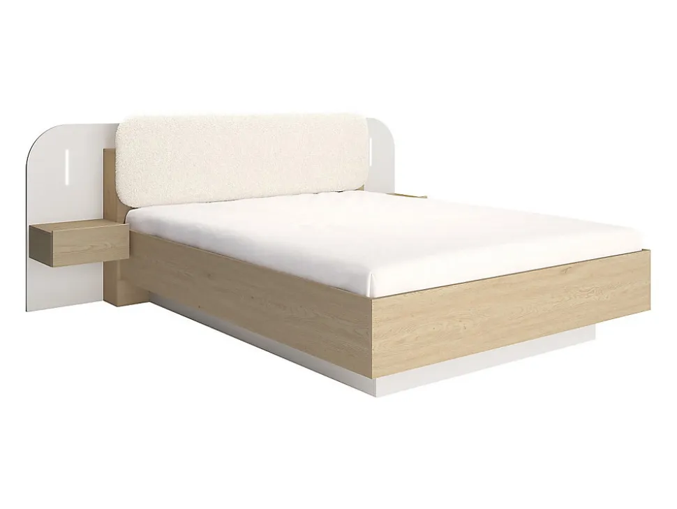 Lit avec chevets 160 x 200 cm - Avec LEDs - Coloris : Beige et naturel + Sommier + Matelas - LYORIMA