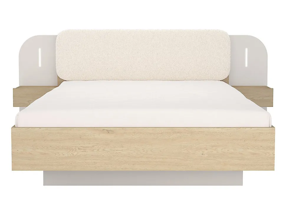 Lit avec chevets 160 x 200 cm - Avec LEDs - Coloris : Beige et naturel + Sommier + Matelas - LYORIMA