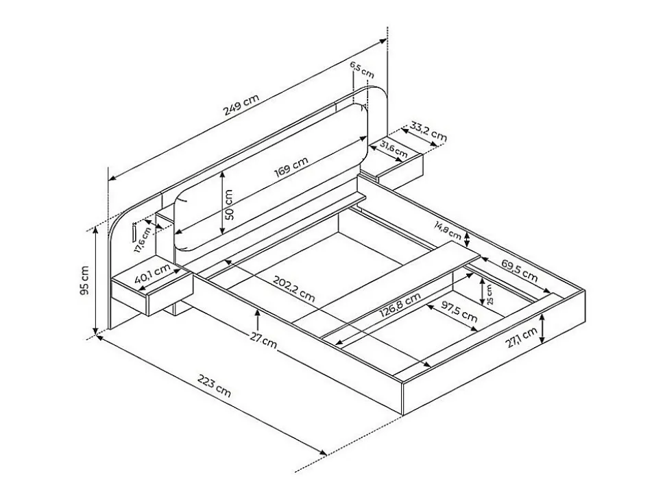 Lit avec chevets 160 x 200 cm - Avec LEDs - Coloris : Beige et naturel + Sommier + Matelas - LYORIMA