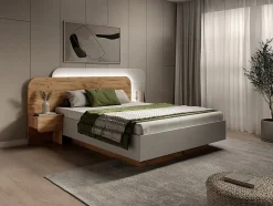 Lit avec chevets 160 x 200 cm - Avec LEDs - Coloris : Naturel et blanc + Sommier - DESADO