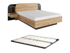 Lit avec chevets 160 x 200 cm - Avec LEDs - Coloris : Naturel et noir + Sommier - JUVISIA