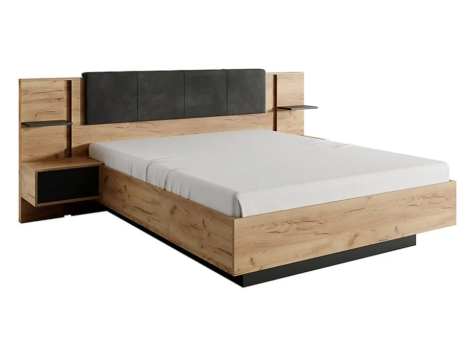 Lit avec chevets 140 x 190 cm - Avec LEDs - Coloris : Naturel et anthracite - ELYNIA