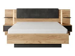Lit avec chevets 140 x 190 cm - Avec LEDs - Coloris : Naturel et anthracite - ELYNIA