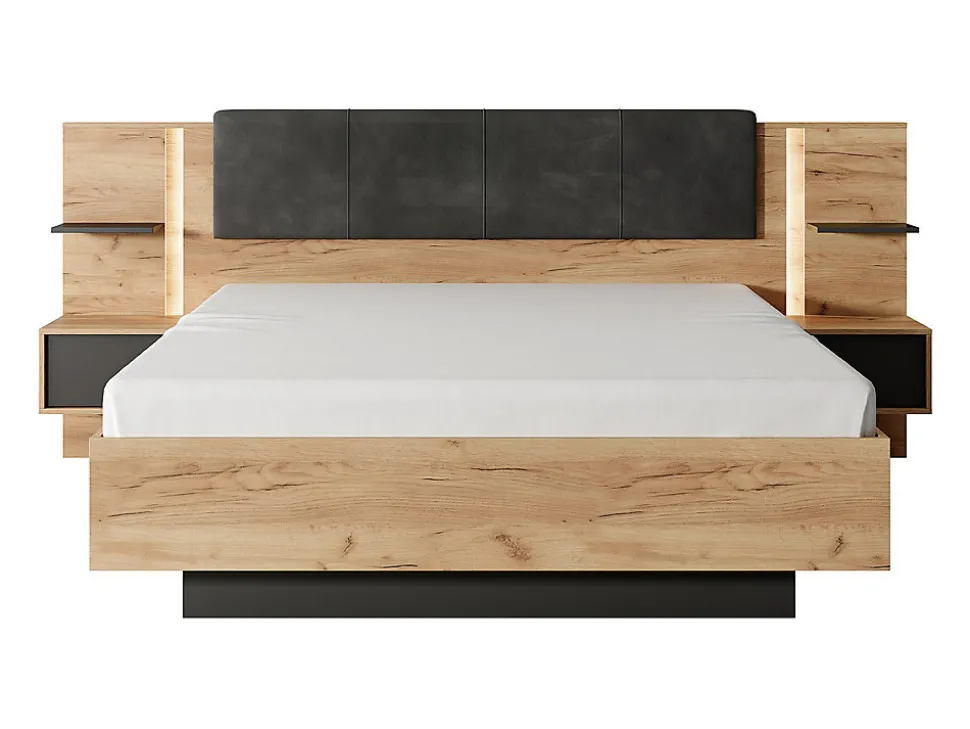 Lit avec chevets 140 x 190 cm - Avec LEDs - Coloris : Naturel et anthracite - ELYNIA
