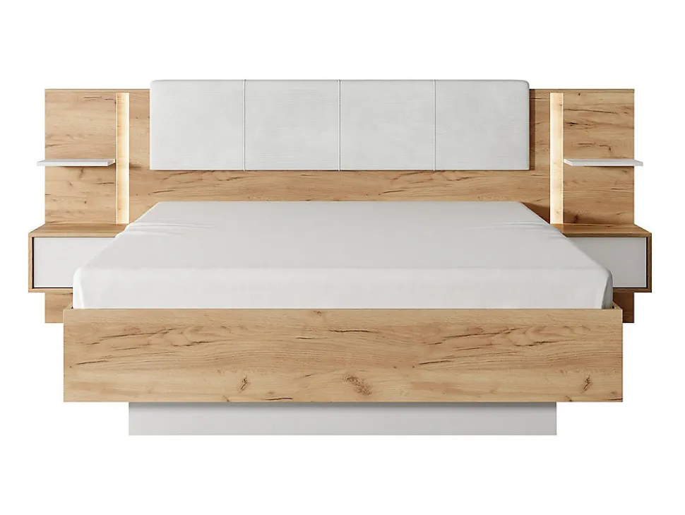 Lit avec chevets 160 x 200 cm - Avec LEDs - Coloris : Naturel et blanc + Sommier - ELYNIA