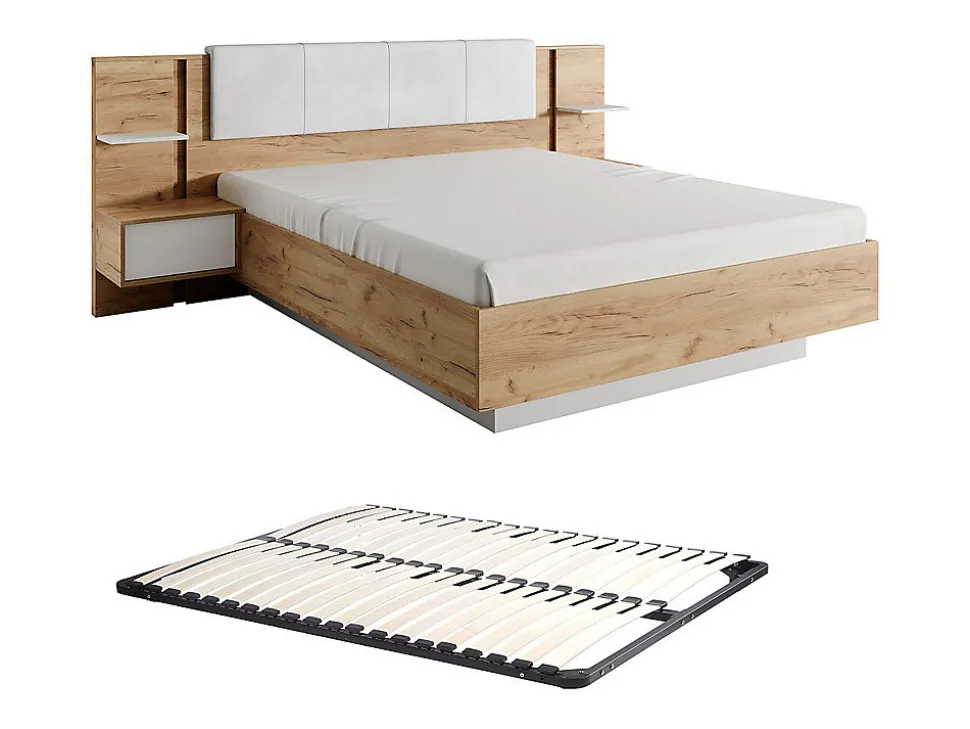 Lit avec chevets 160 x 200 cm - Avec LEDs - Coloris : Naturel et blanc + Sommier - ELYNIA