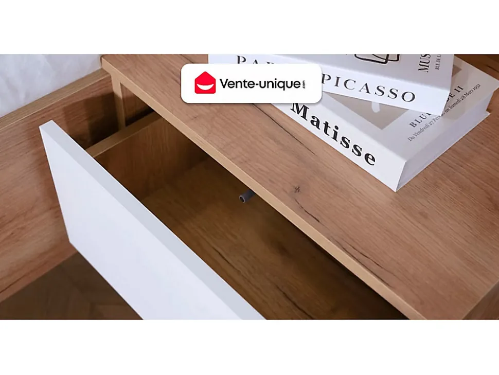 Lit avec chevets 160 x 200 cm - Avec LEDs - Coloris : Naturel et blanc + Sommier - ELYNIA