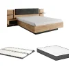 Lit avec chevets 160 x 200 cm - Avec LEDs - Coloris : Naturel et anthracite + Sommier + Matelas - ELYNIA