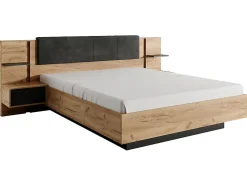Lit avec chevets 160 x 200 cm - Avec LEDs - Coloris : Naturel et anthracite + Sommier + Matelas - ELYNIA