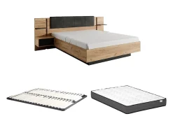 Lit avec chevets 160 x 200 cm - Avec LEDs - Coloris : Naturel et anthracite + Sommier + Matelas - ELYNIA