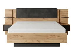 Lit avec chevets 140 x 190 cm - Avec LEDs - Coloris : Naturel et anthracite + Sommier - ELYNIA