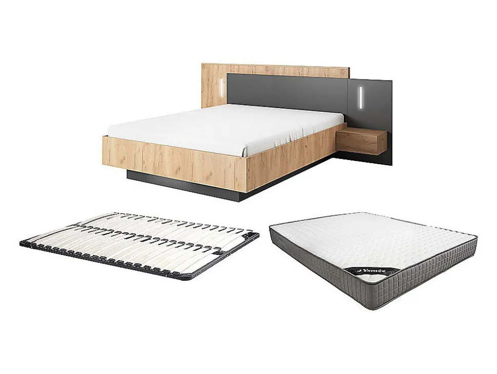 Lit avec chevets 160 x 200 cm - 2 tiroirs - Avec LEDs - Coloris : Naturel et anthracite + Sommier + Matelas - FRANCOLI