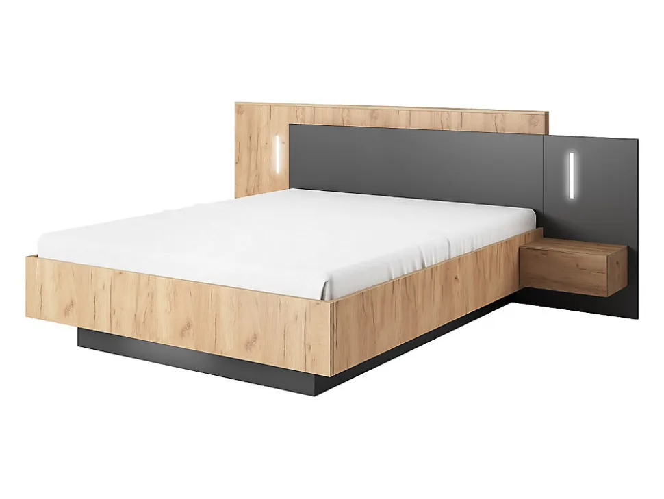Lit avec chevets 160 x 200 cm - 2 tiroirs - Avec LEDs - Coloris : Naturel et anthracite + Sommier + Matelas - FRANCOLI