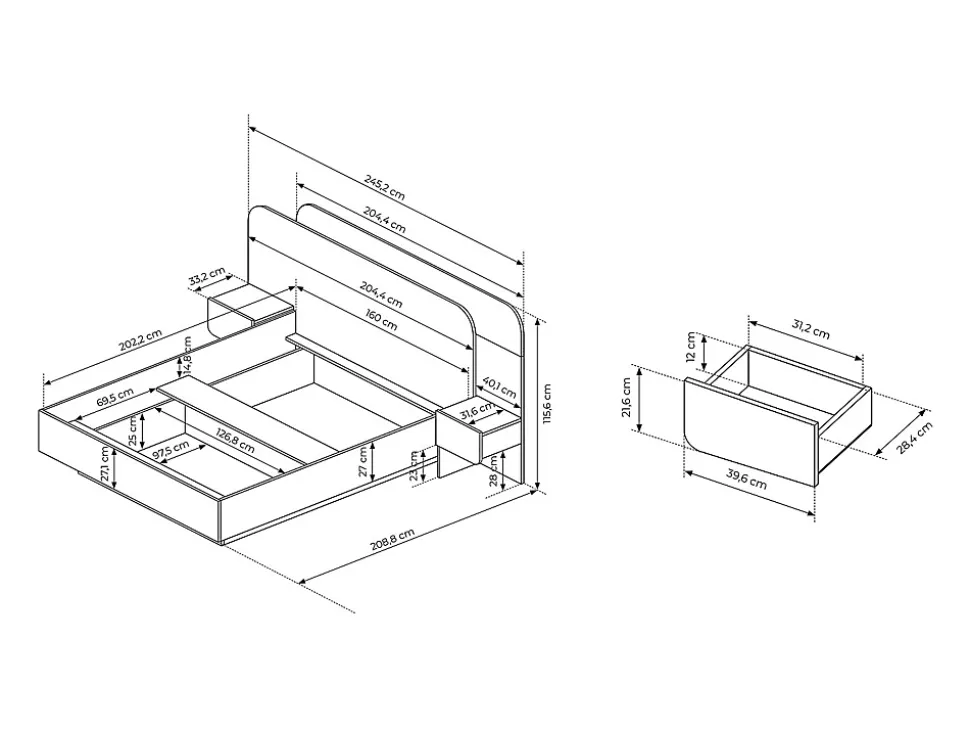 Lit avec chevets 160 x 200 cm - Avec LEDs - Coloris : Naturel et blanc + Sommier + Matelas - DESADO