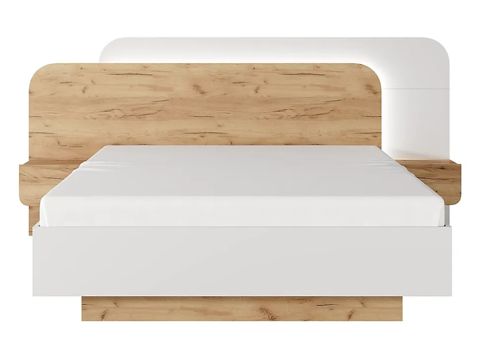 Lit avec chevets 160 x 200 cm - Avec LEDs - Coloris : Naturel et blanc + Sommier + Matelas - DESADO